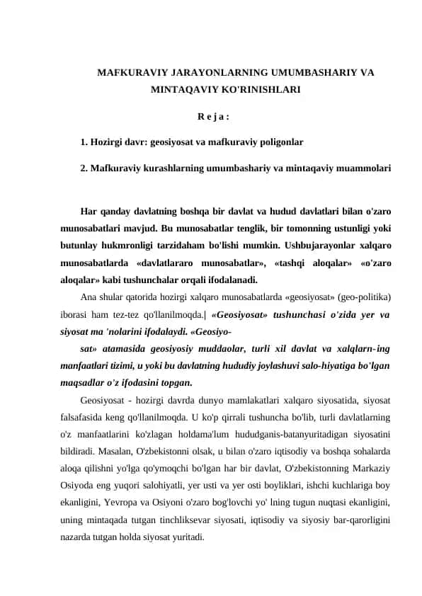 MAFKURAVIY JARAYONLARNING UMUMBASHARIY VA MINTAQAVIY KO'RINISHLARI