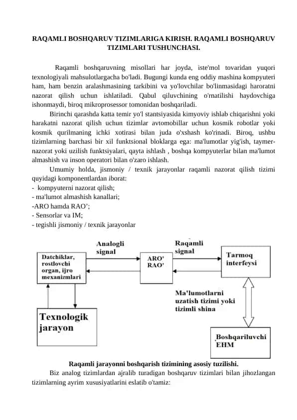 RAQAMLI BOSHQARUV TIZIMLARIGA KIRISH. RAQAMLI BOSHQARUV TIZIMLARI TUSHUNCHASI.