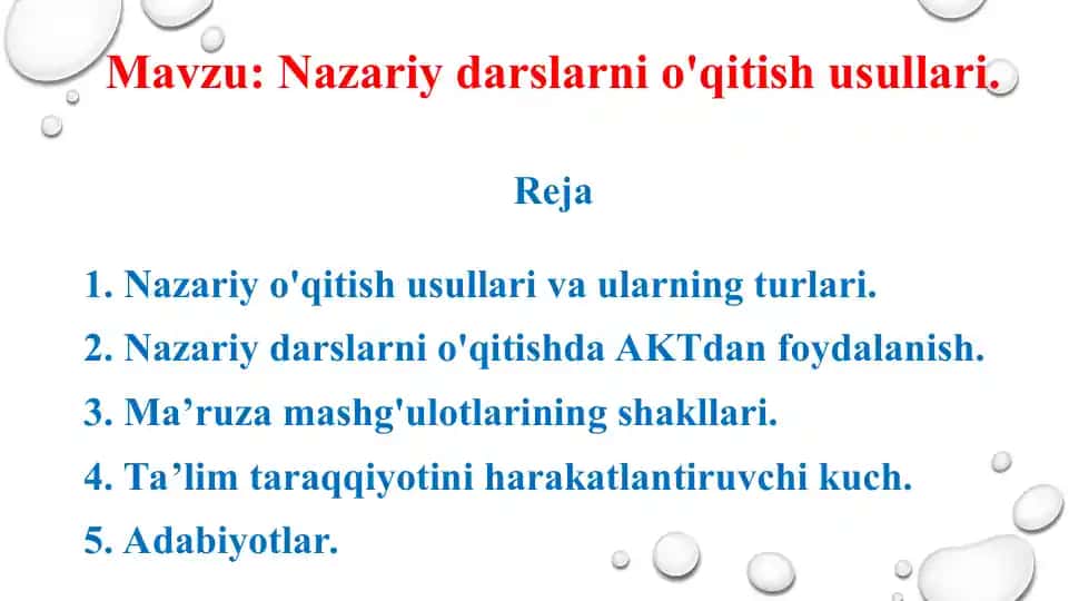 Nazariy darslarni o'qitish usullari. Ma'ruza taqdimoti 15 bet.