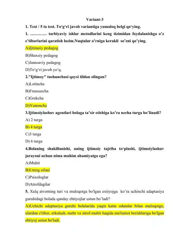 Bolalarni ijtimoiylahsuvi fanidan topshiriqlarga javoblar