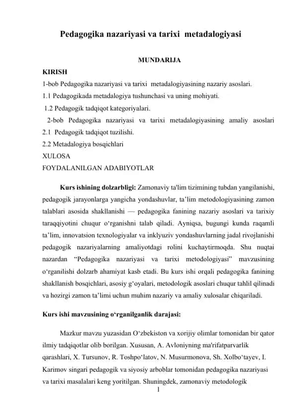 Pedagogika nazariyasi va tarixi metadalogiyasi