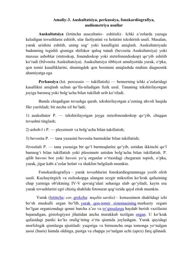 Auskultatsiya, perkussiya, fonokardiografiya, audiometriya usullar
