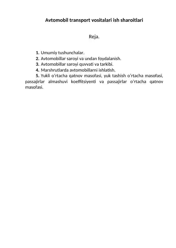 Avtomobil transport vositalari ish sharoitlari