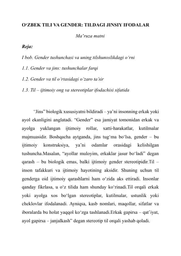 O‘ZBEK TILI VA GENDER: TILDAGI JINSIY IFODALAR
