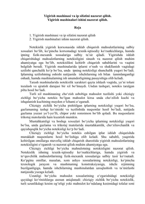 Yigirish mashinasi va ip sifatini nazorat qilish