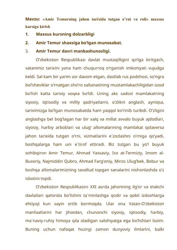 Amir Temurning jahon tarixida tutgan o’rni va roli