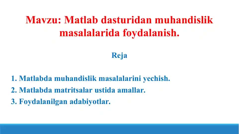 MatLabdan muhandislik masalalarida foydalanish. Taqdimot 12 bet.