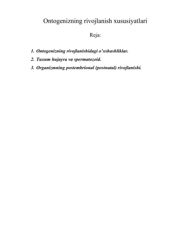 ONTOGENIZNING RIVOJLANISH XUSUSIYATLARI