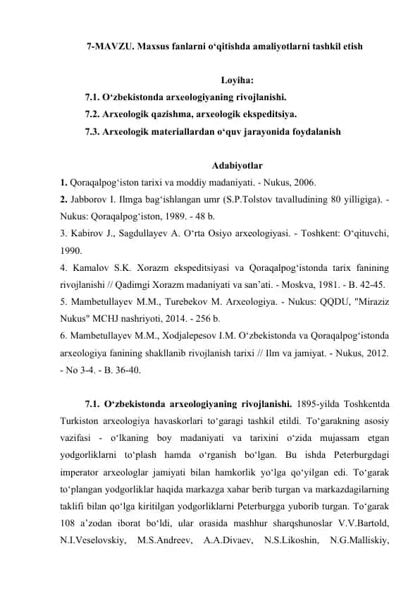 7-MAVZU. Maxsus fanlarni o‘qitishda amaliyotlarni tashkil etish