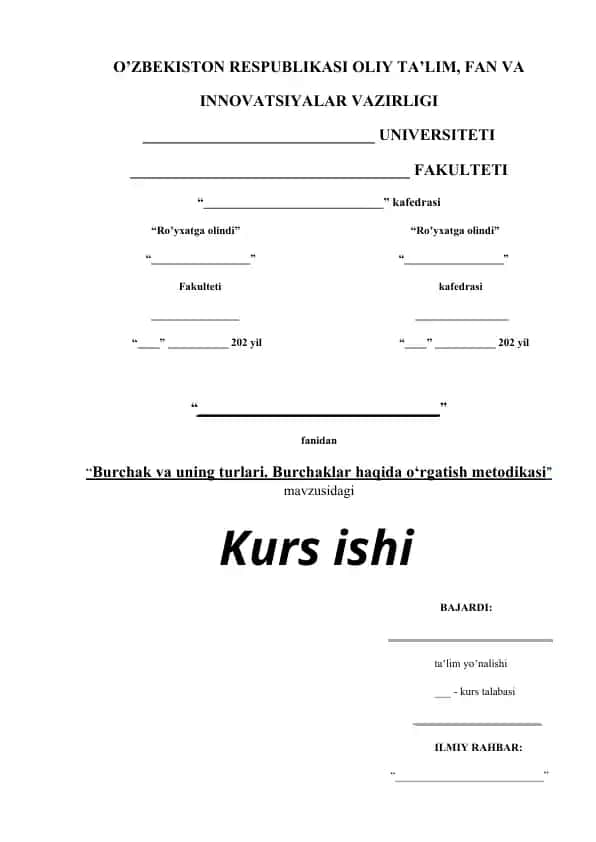 Burchak va uning turlari. Burchaklar haqida o`rgatish metodikasi