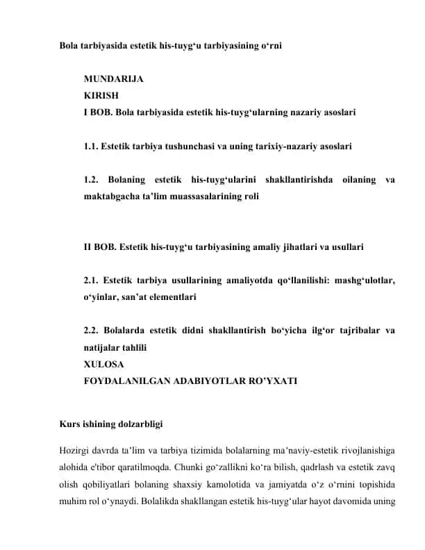 Bola tarbiyasida estetik his-tuyg‘u tarbiyasining o‘rni