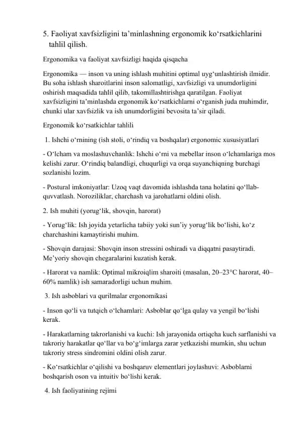 Faoliyat xavfsizligini ta’minlashning ergonomik ko‘rsatkichlarini tahlil qilish