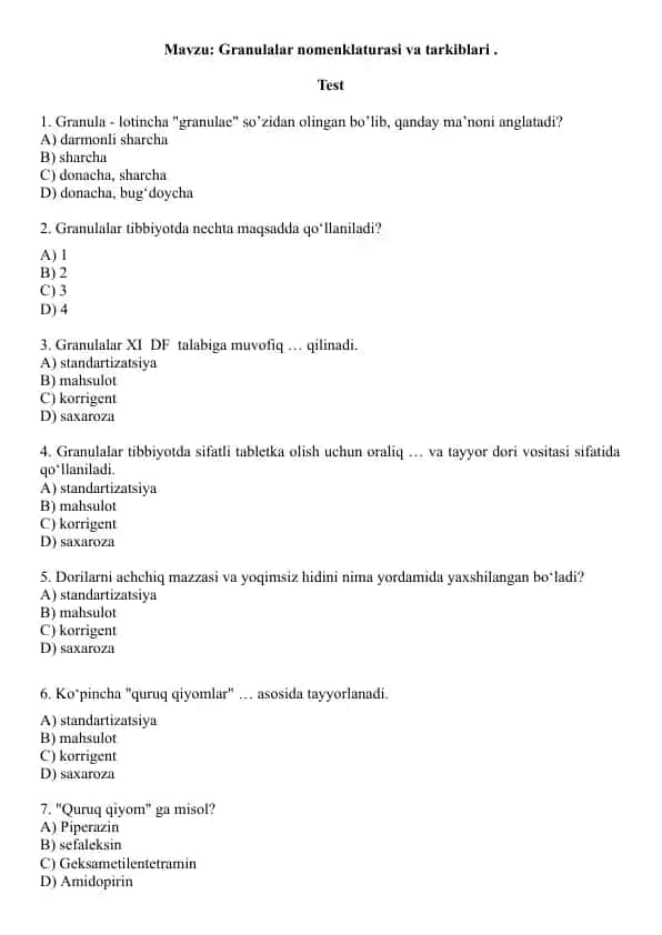 3.1. Granulalar nomenklaturasi va tarkiblari. Test. 10 ta, javoblari bilan.