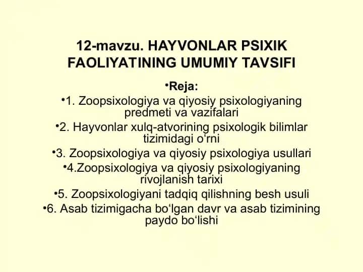 HAYVONLAR PSIXIK FAOLIYATINING UMUMIY TAVSIFI