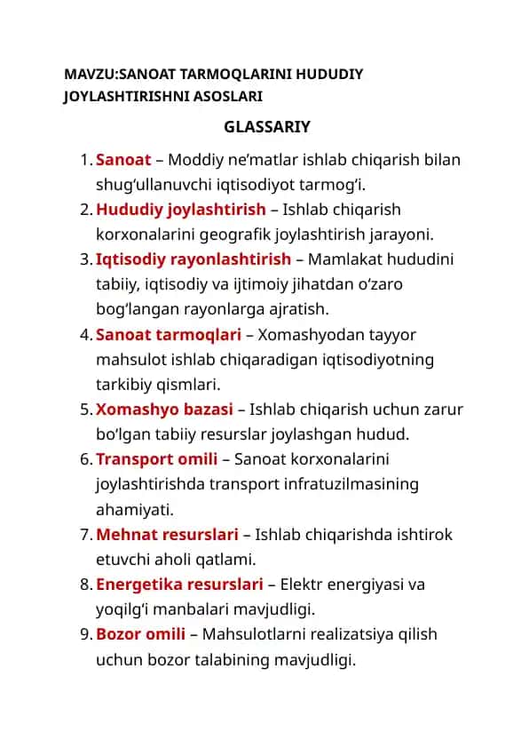 Sanoat tarmoqlarini hududiy joylashtirishning asoslari