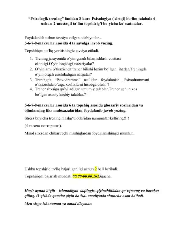 Psixologik trening bo‘yicha mustaqil ta’lim topshirig‘i