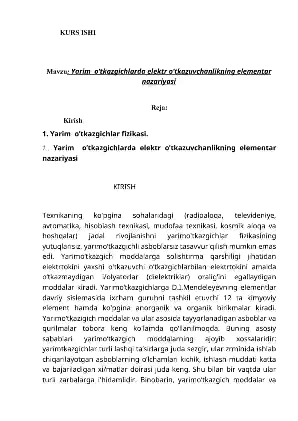 Yarim o'tkazgichlarda elektr o'tkazuvchanlikning elementar nazariyasi