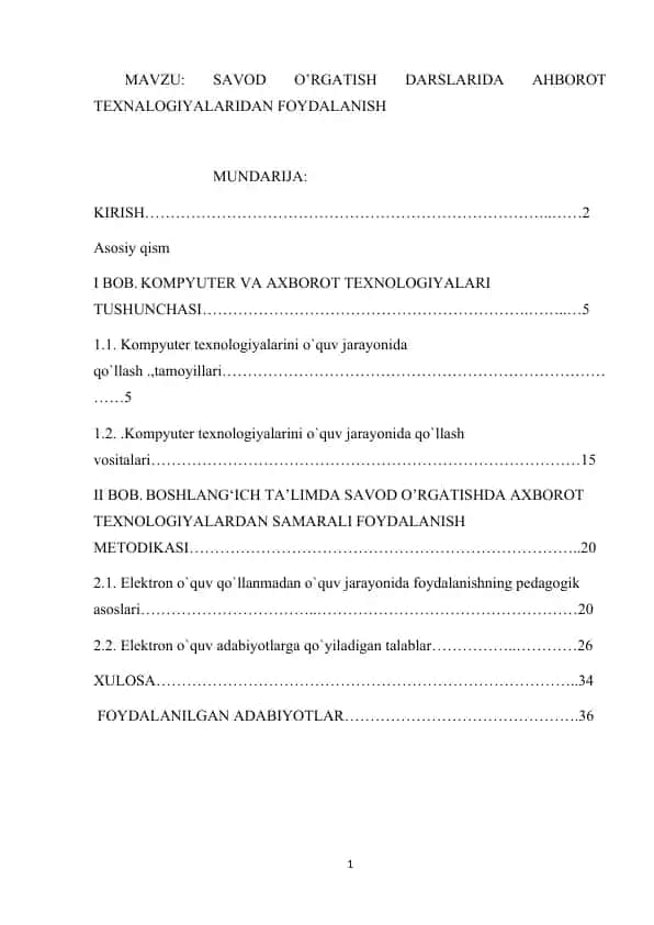 Savod o‘rgatish darslarida axborot texnologiyalaridan foydalanish