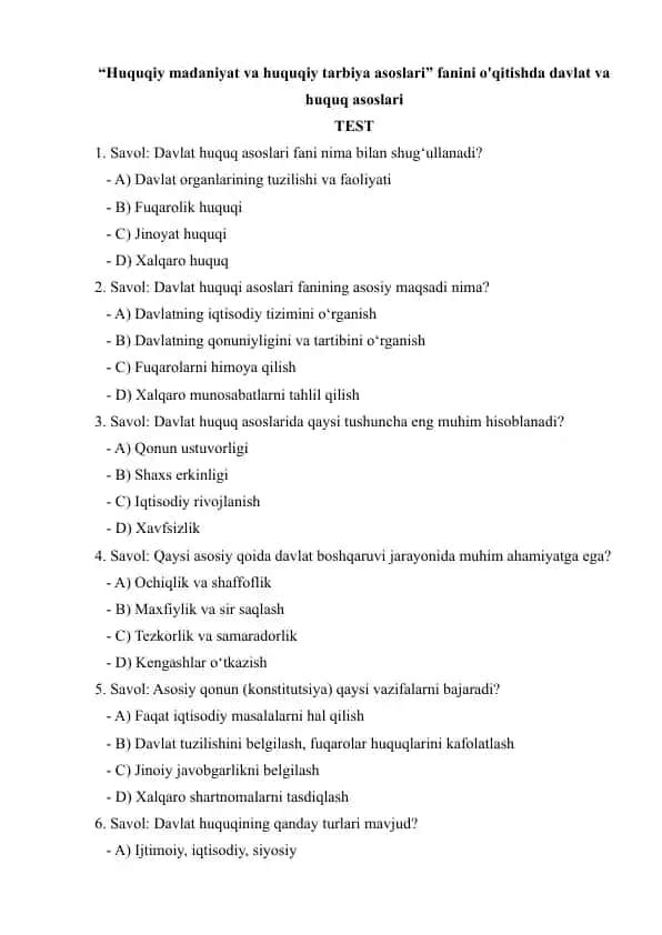 Test - Huquqiy madaniyat va huquqiy tarbiya asoslari