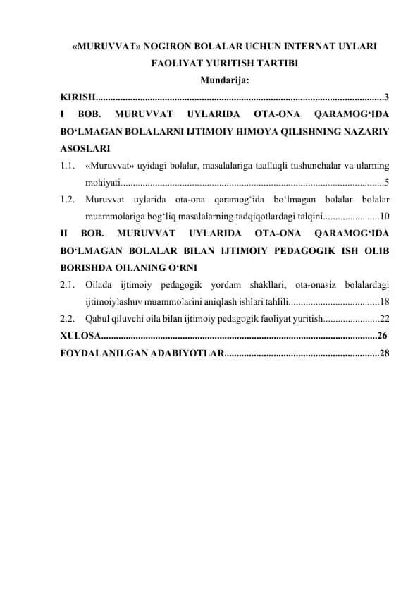 "Muruvvat" nogiron bolalar uchun internat uylari faoliyat yuritish tartibi