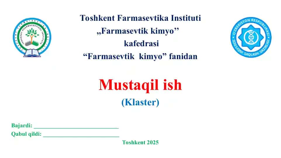 Noorganik dori vositalarining sifatini nazorat qilishdagi fiziko-kimyoviy tahlil usullari. Klaster 3 bet
