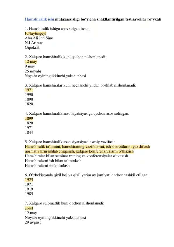 Hamshiralik Ishi Testlari To'liq javoblari bilan Argos 2025