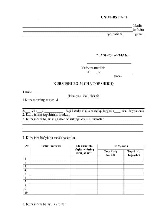 Kurs ishi bo‘yicha topshiriq