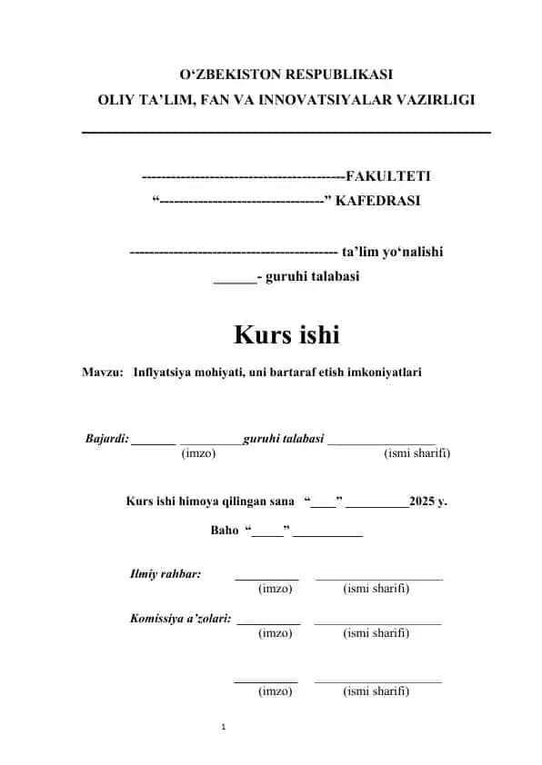 Inflyatsiya mohiyati, uni bartaraf etish imkoniyatlari | kurs ishi