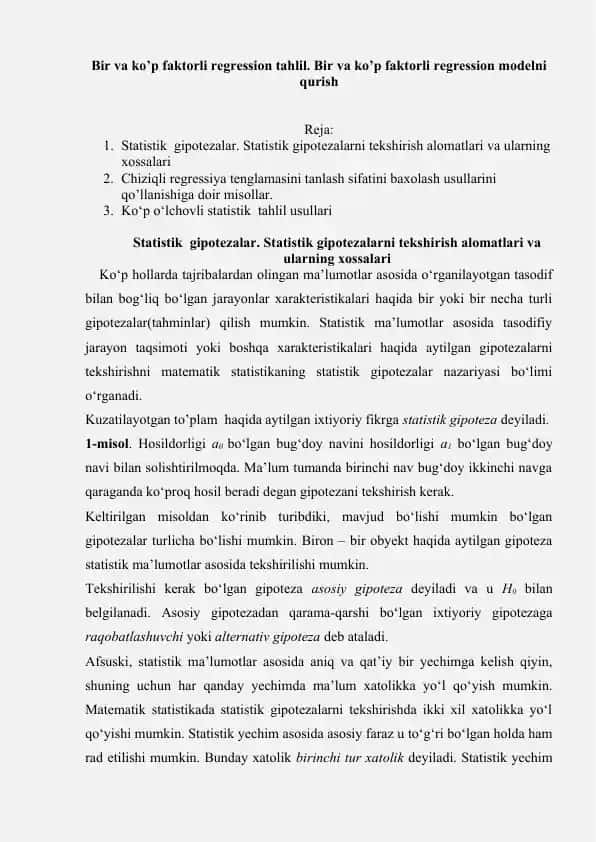 Bir va ko’p faktorli regression tahlil. Bir va ko’p faktorli regression modelni qurish