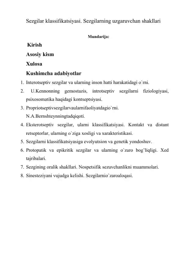 Sezgilar klassifikatsiyasi. Sezgilarning uzgaruvchan shakllari