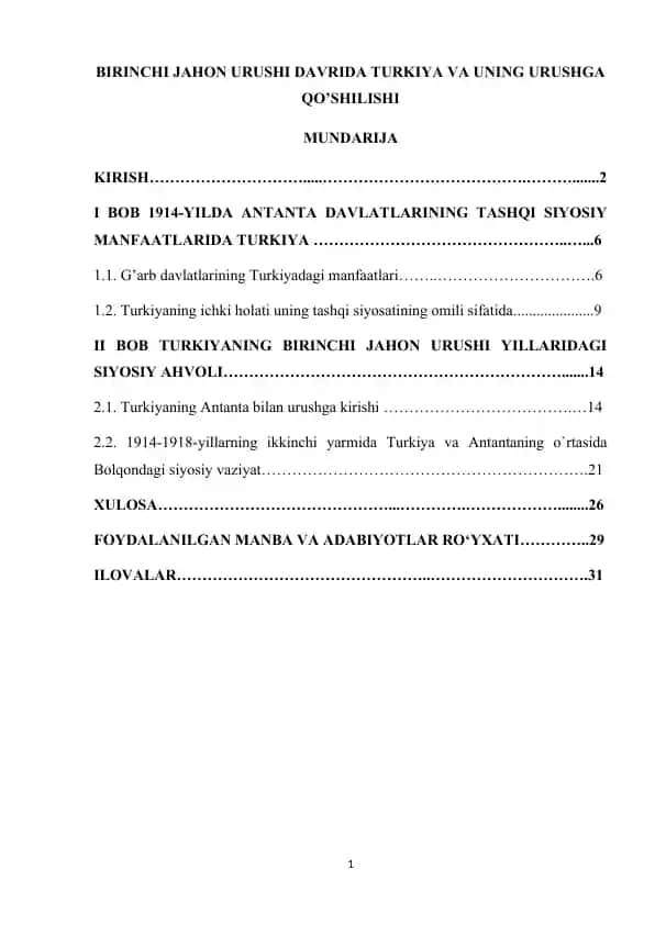 BIRINCHI JAHON URUSHI DAVRIDA TURKIYA VA UNING URUSHGA QO’SHILISHI