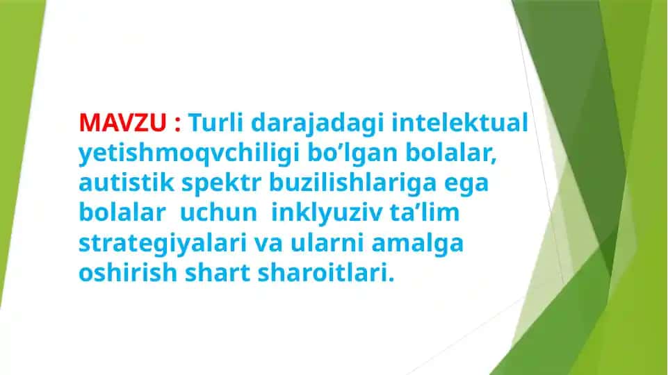 Turli darajadagi intelektual yetishmovchiligi bo’lgan bolalar, autistik spektr buzilishlariga ega bolalar uchun inklyuziv ta’lim strategiyalari va ularni amalga oshirish shart sharoitlari.