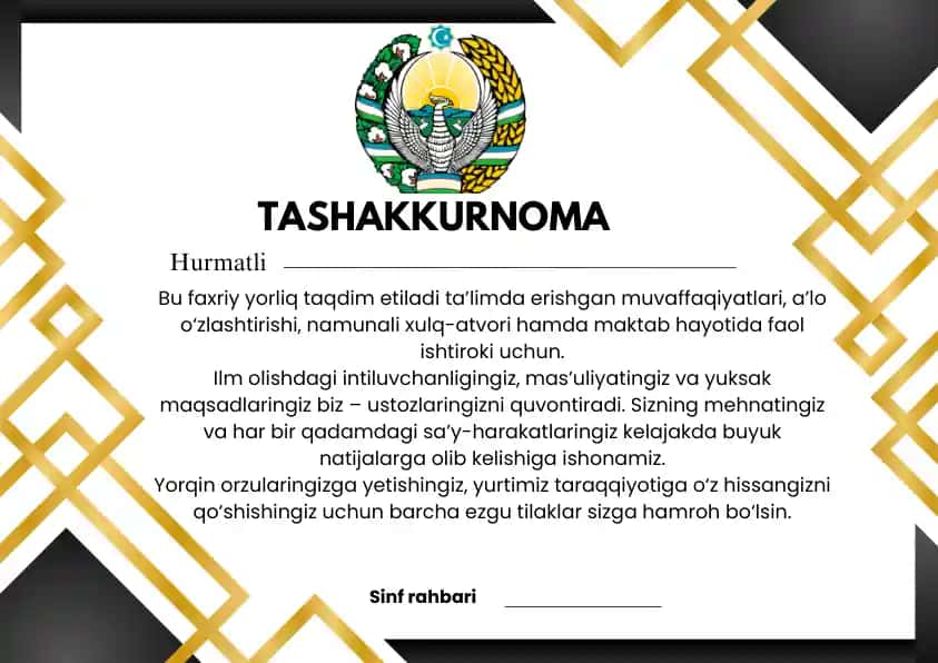 Tashakurnoma, Faxriy yorliq faxriy va maqtov yorlig'i namunasi Maqtov yorliq
