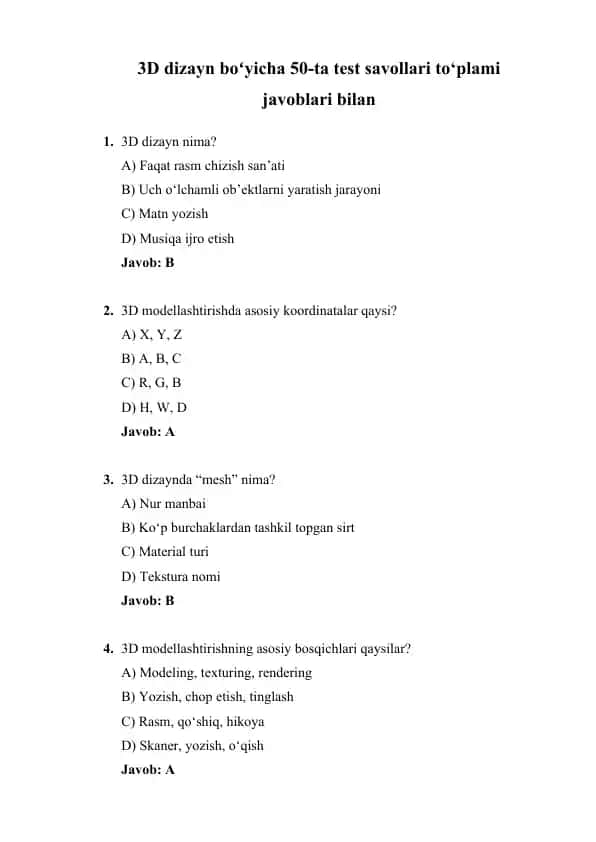 3D dizayn boʻyicha 50-ta test savollari to‘plami javoblari bilan