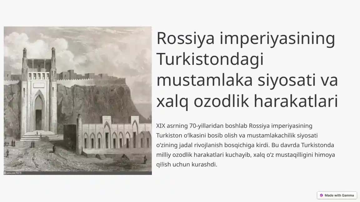 Rossiya imperiyasining Turkistondagi mustamlaka siyosati va xalq ozodlik harakatlari