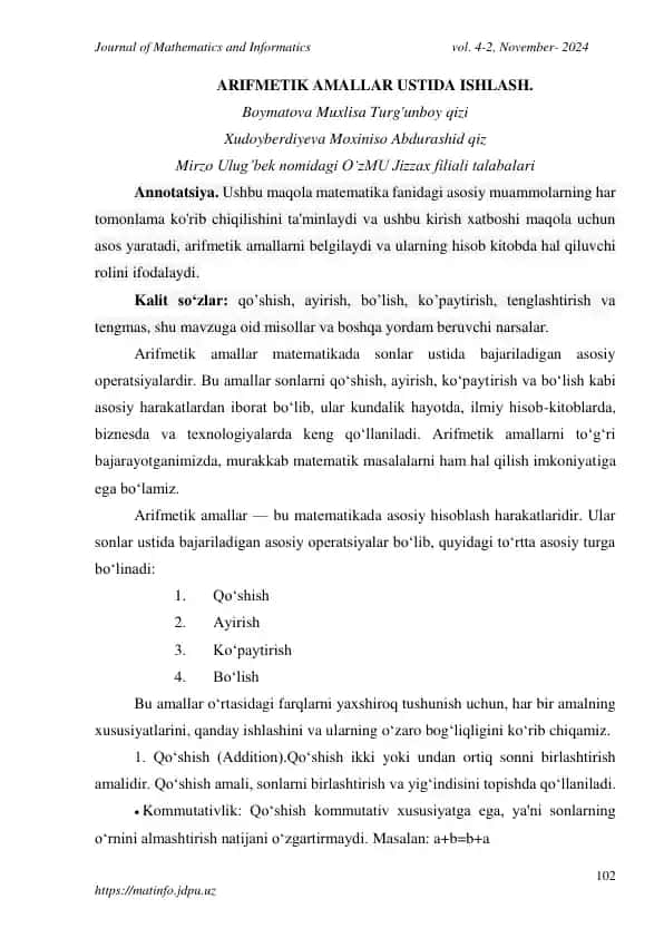 ARIFMETIK AMALLAR USTIDA ISHLASH