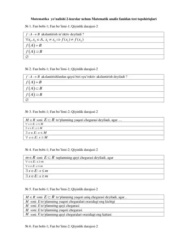 Matematik analiz fanidan test topshiriqlari