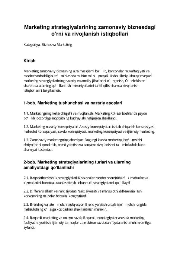 Marketing strategiyalarining zamonaviy biznesdagi o‘rni va rivojlanish istiqbollari