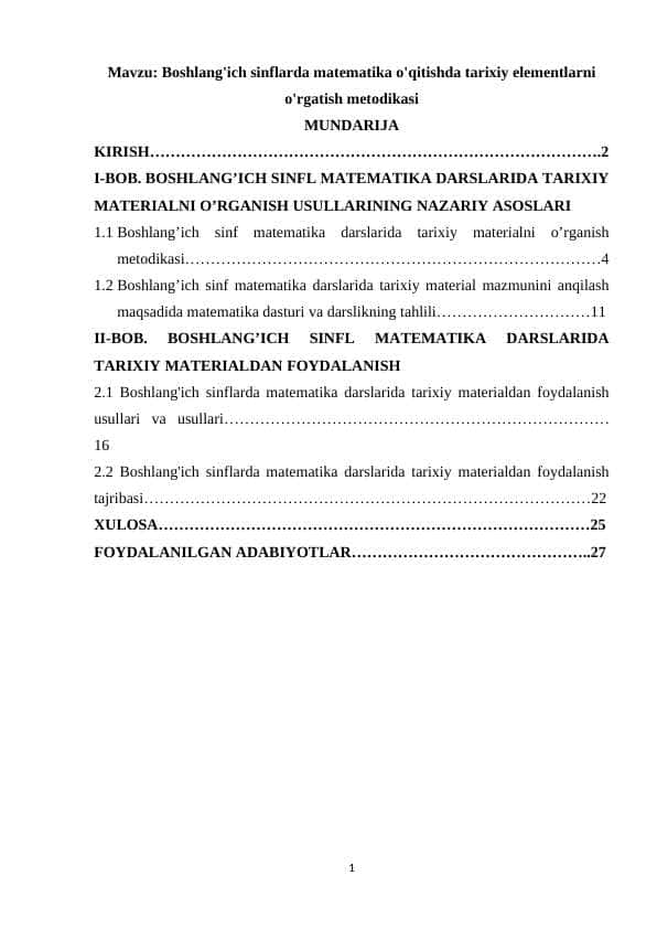 Boshlang'ich sinflarda matematika o'qitishda tarixiy elementlarni o'rgatish metodikasi