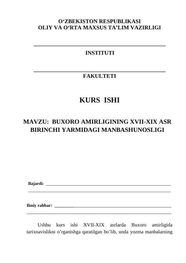 Buxoro amirligi XVII-XIX asr birinchi yarmi manbashunosligi