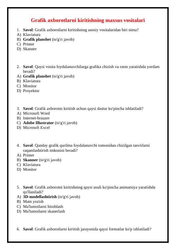 Grafik axborotlarni kiritishning maxsus vositalari (TEST)