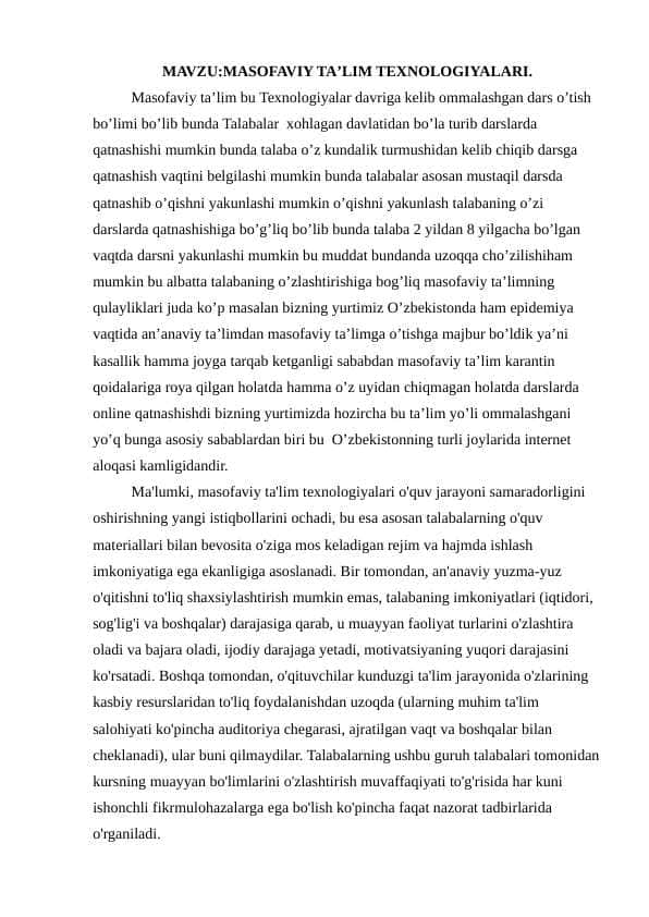 MASOFAVIY TAʼLIM TEXNOLOGIYALARI (esse)