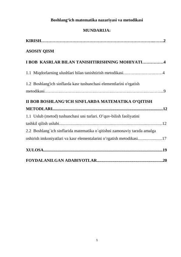 Boshlang‘ich matematika nazariyasi va metodikasi