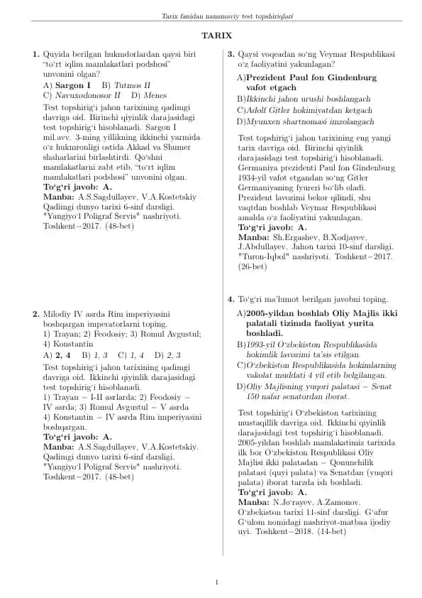 Tarix fanidan namunaviy test topshiriqlari