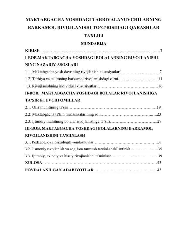 Maktabgacha yoshdagi tarbiyalanuvchilarning barkamol rivojlanishi to'g'risidagi qarashlar taxlili