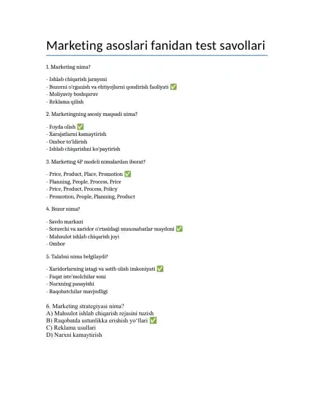 Marketing asoslari fanidan 40-test savollari