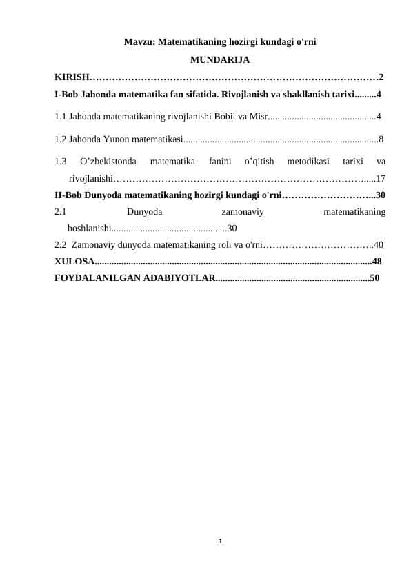 Matematikaning hozirgi kundagi o'rni