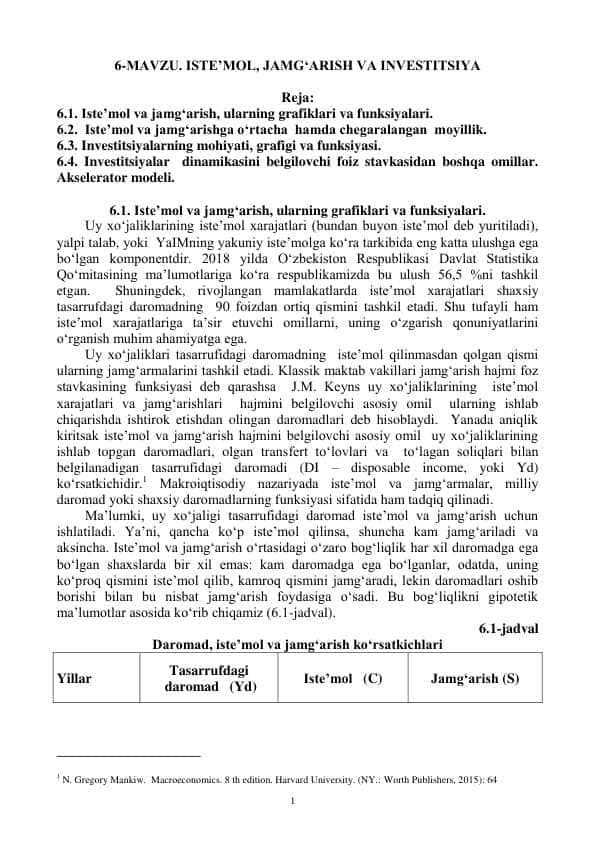 . ISTE’MOL, JAMG‘ARISH VA INVESTITSIYA