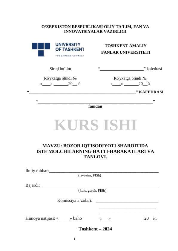 Bozor iqtisodiyoti sharoitida iste'molchilarning hatti-harakatlari va tanlovi.
