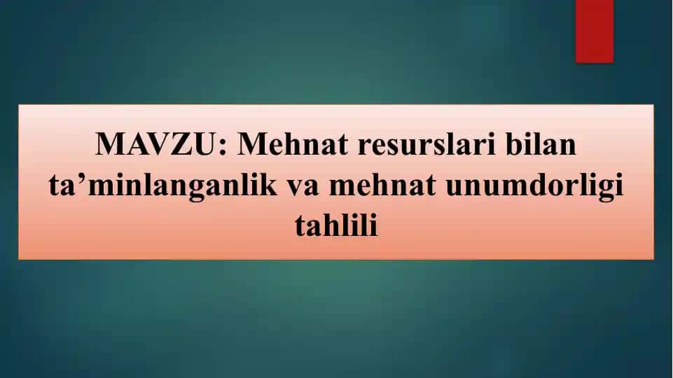 MAVZU: Mehnat resurslari bilan ta’minlanganlik va mehnat unumdorligi tahlili.